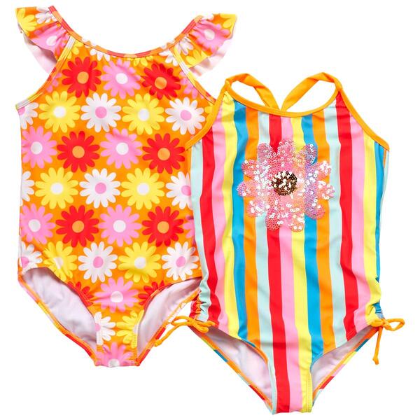 Girls &#40;7-12&#41; BTween&#40;R&#41; 2pk. One Piece Stripe & Floral Swimsuits - image 
