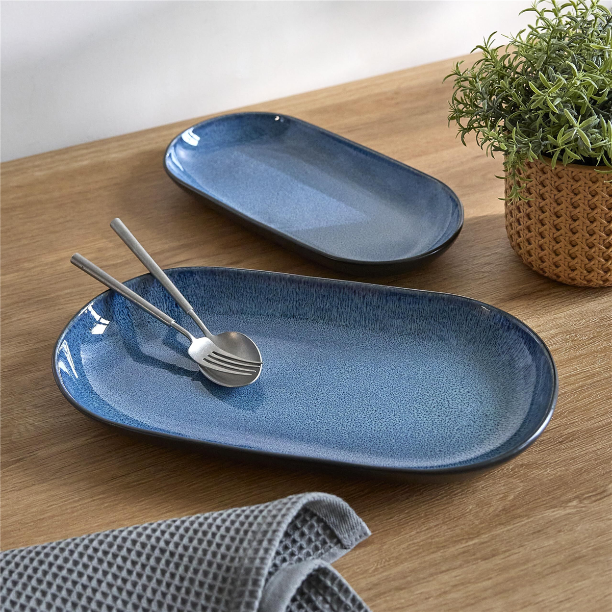 Sango Resona Blue/Black Large Ceramic Serving Platters - Set of 2