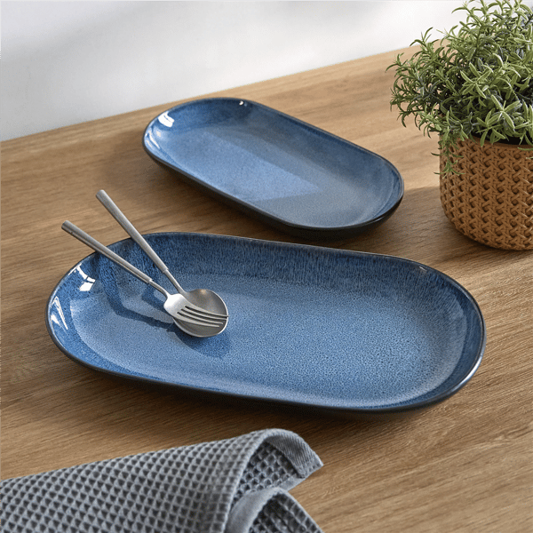 Sango Resona Blue/Black Large Ceramic Serving Platters - Set of 2 - image 