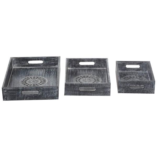 9th & Pike&#174; Black Carved Wooden Trays - Set Of 3