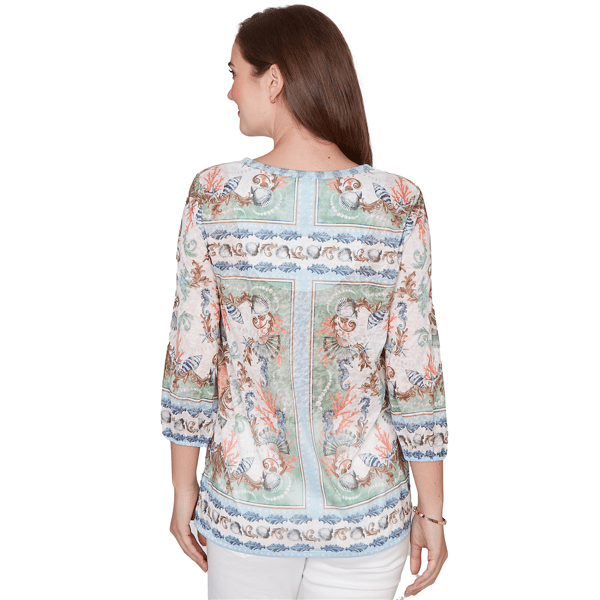 Womens Ruby Rd. Seas The Day 3/4 Sleeves Coastal Ocean Blouse