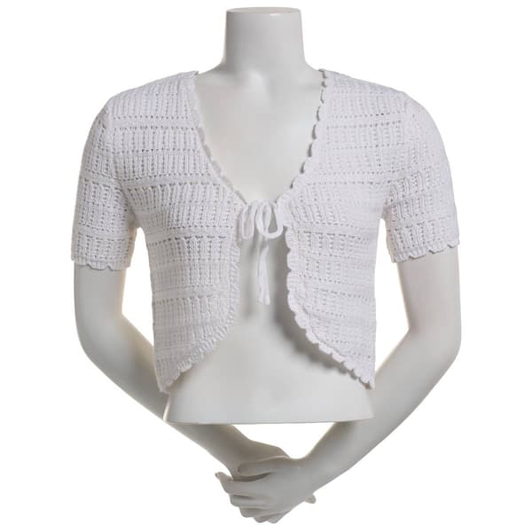 Juniors No Comment Short Sleeve Crochet Tie Front Shrug - image 