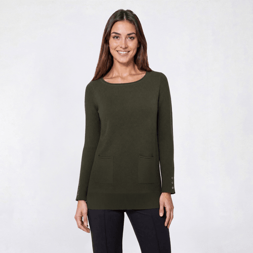 Womens Retrology Long Sleeve Ribbed Sleeve Solid 2 Pocket Sweater