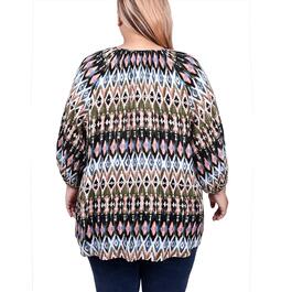 Plus Size NY Collection 3/4 Sleeve Ikat Peasant Blouse - Navy