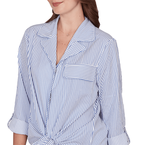 Petite Ruby Rd. Set Sail 3/4 Sleeve Knot Front Stripe Blouse