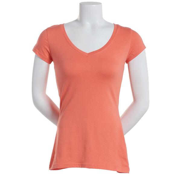 Juniors Aveto Solid Cap Sleeve V-Neck Soft Stretch Knit Tee - image 