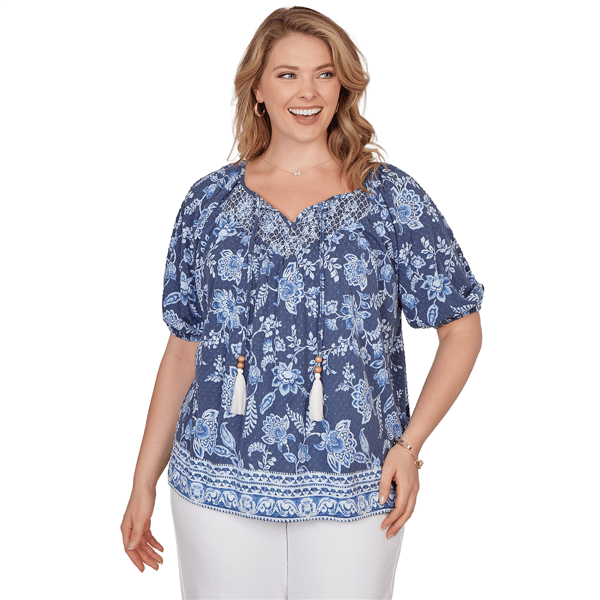 Plus Size Ruby Rd. French Riviera Clip Dot Tie Neck Blouse - image 