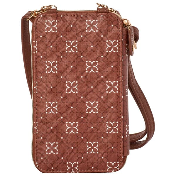 Womens Buxton Everywhere Signature Mocha Flower Crossbody Wallet