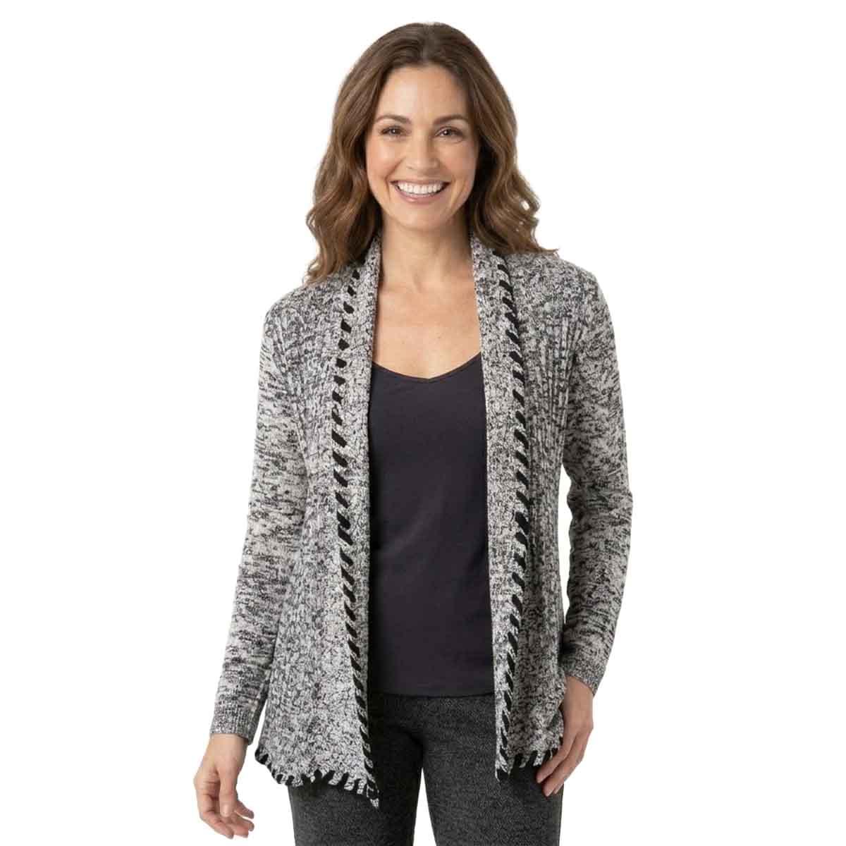Womens Pearl Fashion 3/4 Sleeve Whipstitch Open Front Cardigan