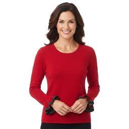 Petite Kasper Long Ruffle Lurex Cuff Sleeve Solid Sweater