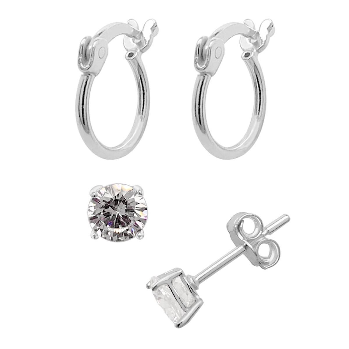Marsala 2pr. Sterling Silver Hoop & CZ Stud Earrings Set