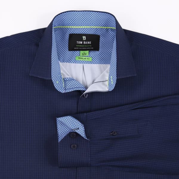 Mens Tom Baine Regular Fit Check Performance Dress Shirt - Navy