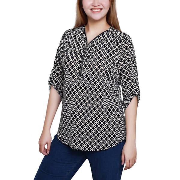 Womens NY Collection 3/4 Sleeve Geometric Zip V-Neck Blouse