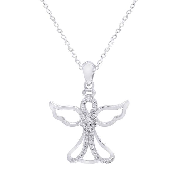 Sterling Silver Cubic Zirconia Angel Pendant Necklace - image 