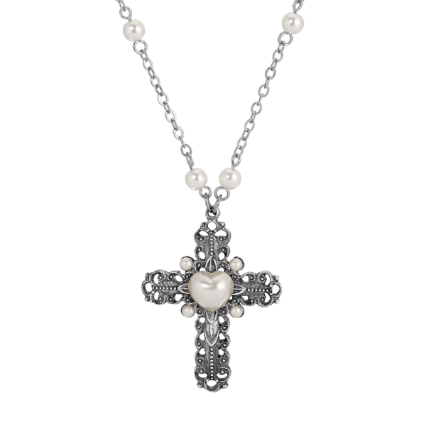 Symbols of Faith Silve-Tone Cross Heart Faux Pearl Necklace - image 