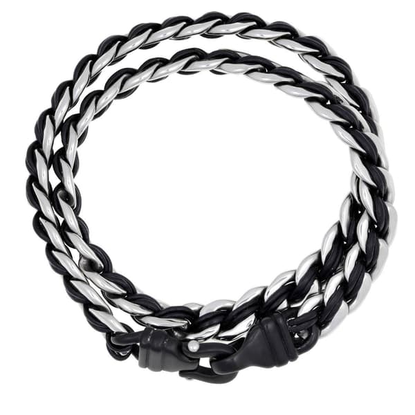 Mens Lynx Stainless Steel Black Leather Wrap Bracelet