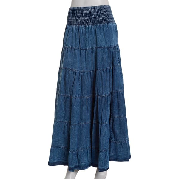 Juniors Angie Smock Waist Denim Tier Washed Maxi Skirt - image 