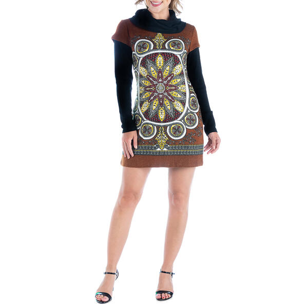 Womens 24/7 Comfort Apparel Cowl Neck Circle Print A-Line Dress - image 