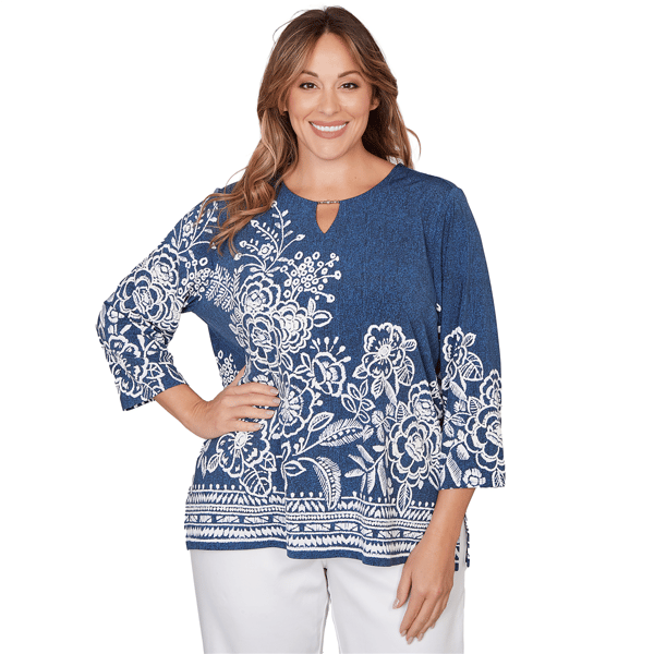 Plus Size Alfred Dunner Classics 3/4 Sleeve Keyhole Floral Blouse