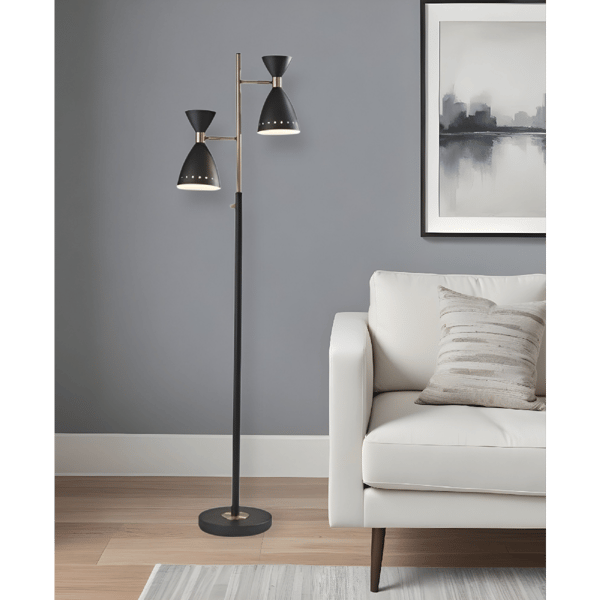HomeRoots 68in. Black And Gold Task Floor Lamp With Cone Shade