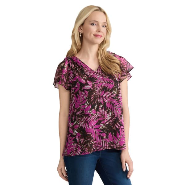 Womens Jones New York Short Flutter Sleeve V Neck Leaf Blouse
