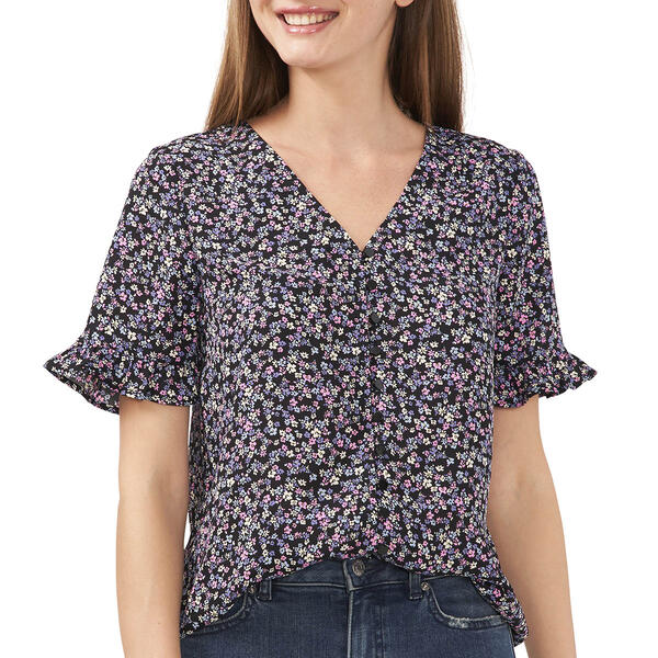 Womens Cece Short Ruffle Sleeve Floral V-Neck Blouse - image 