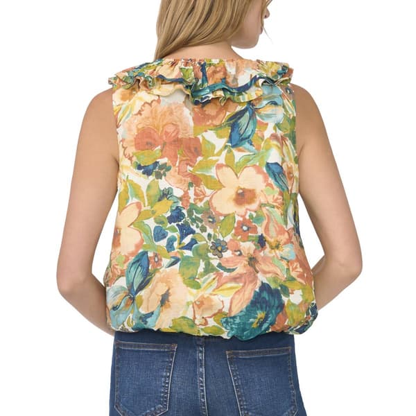 Womens Cece Sleeveless Ruffle V Neck Watercolor Floral Blouse