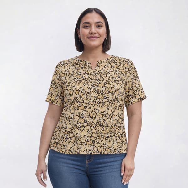 Plus Size Napa Valley Short Sleeve Abstract Floral Henley Blouse