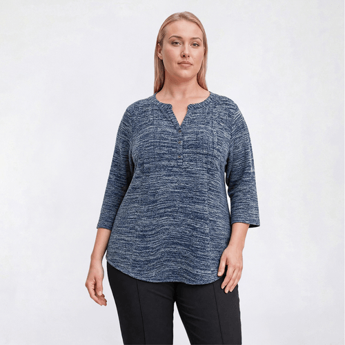 Plus Size Napa Valley 3/4 Sleeve Marled Pleated Knit Blouse