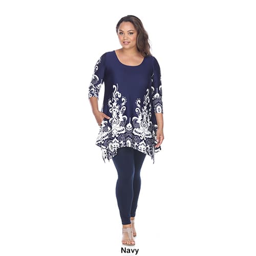 Plus Size White Mark Scroll Print Border Tunic