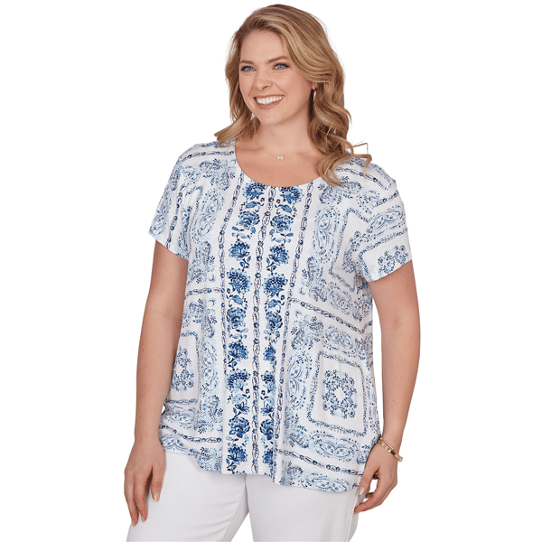 Plus Size Ruby Rd. French Riviera Short Sleeve Floral Blouse