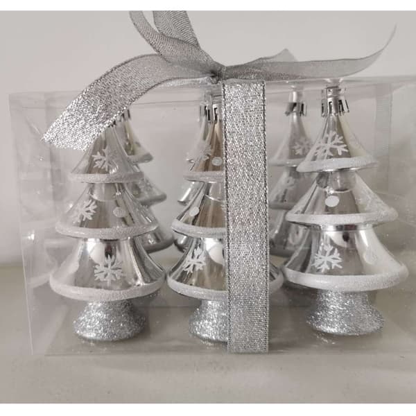 4in. Shatterproof Shiny Layered Silver Tree Ornaments - Set of 6 - image 