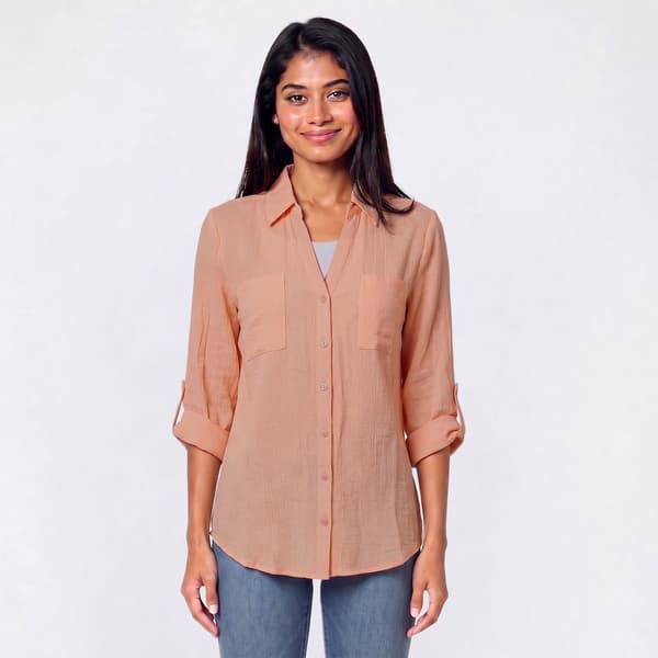 Juniors A.Byer Gauze Tie Front Roll Tab Shirt