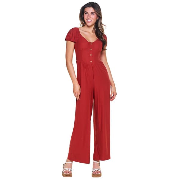Juniors Derek Heart Short Puff Sleeve Button Front Jumpsuit