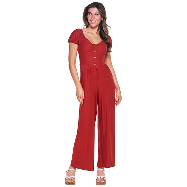 Juniors Derek Heart Short Puff Sleeve Button Front Jumpsuit - image 