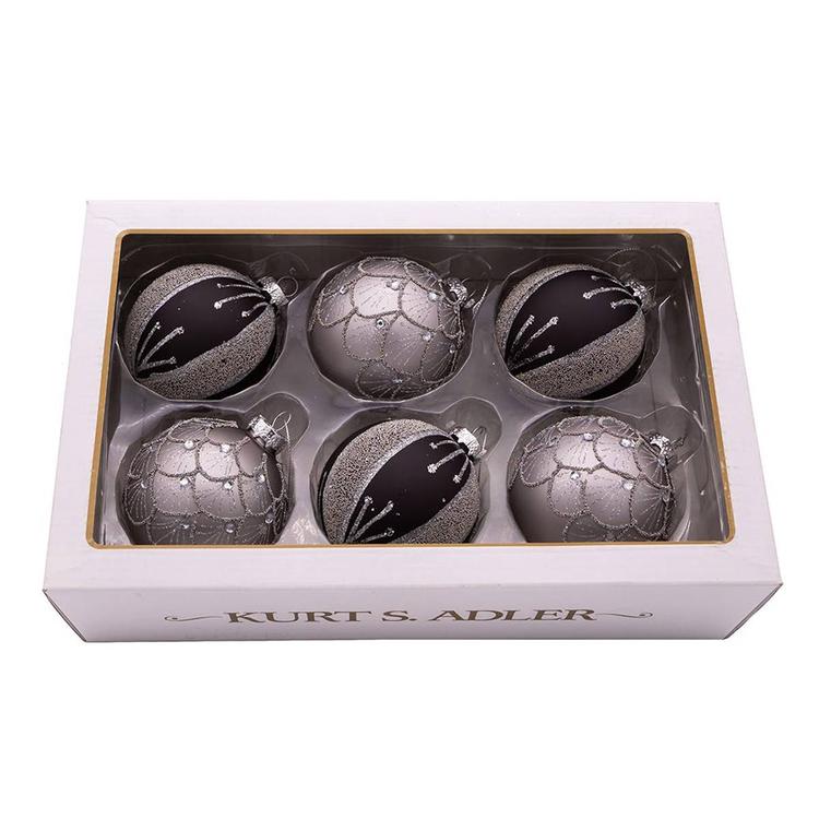 Kurt S. Adler 6pc Silver & Black Jeweled Glass Ball Ornaments Set