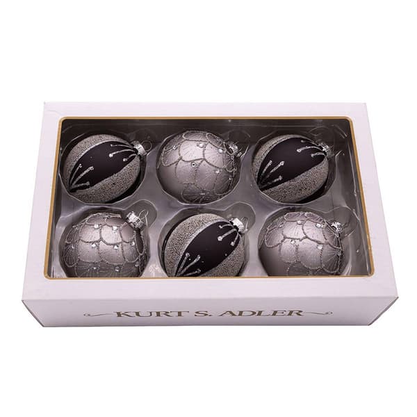 Kurt S. Adler 6pc Silver & Black Jeweled Glass Ball Ornaments Set
