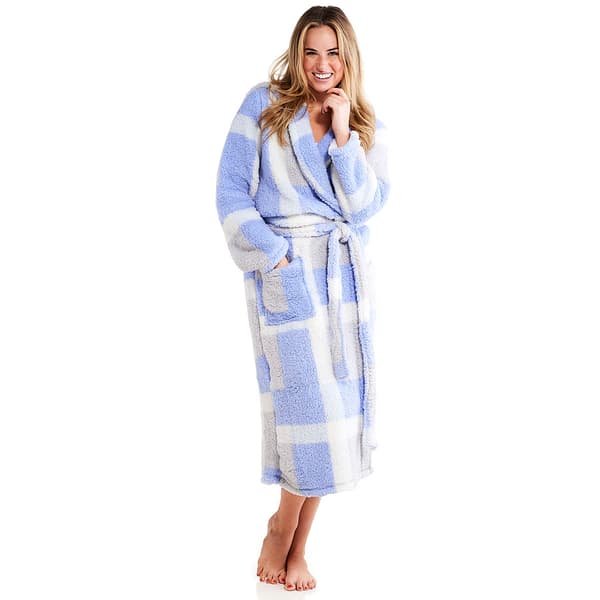 Petite Jessica Simpson Oversized Plaid Sherpa Hooded Robe-Blue - image 