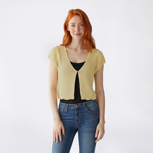 Juniors Pink Rose Short Sleeve Button Front Sweater Cardigan - image 