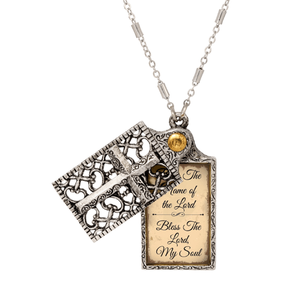 Symbols of Faith ''Bless The Name'' Prayer Cross Locket Necklace