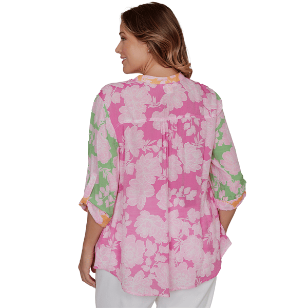 Plus Size Ruby Rd. Hothouse Florals Roll Tab Sleeve Blouse
