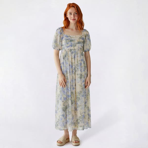 Juniors Wallflower Floral Chiffon Bodice Puff Sleeve Maxi Dress - image 