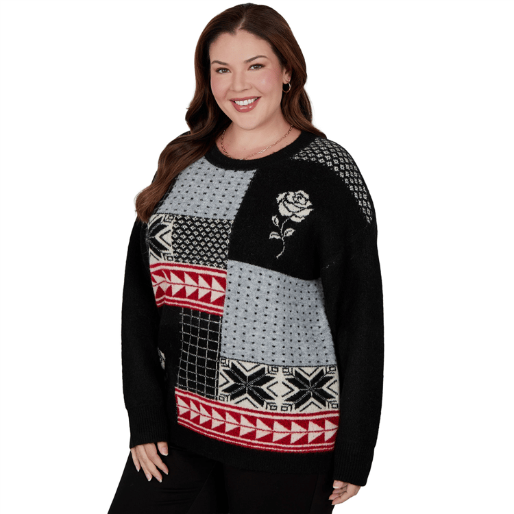 Plus Size Hearts of Palm Wrapped in Rubies Geometric Rose Sweater