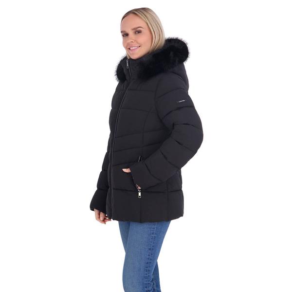 Womens Calvin Klein Puffer Coat with Faux Fur Trimmed Hood