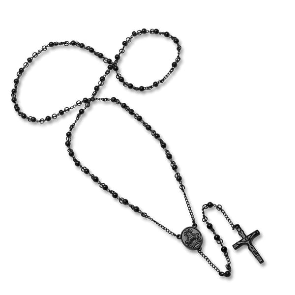 Mens Steeltime Black Ip Stainless Steel Beaded Rosary - image 
