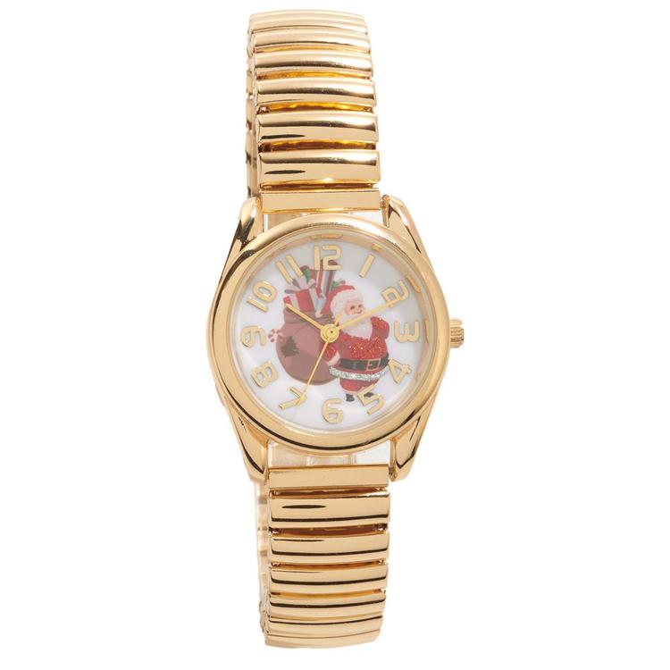 Gold-Tone Round Metal Bangle Watch W/Glitter Santa - PT10165B