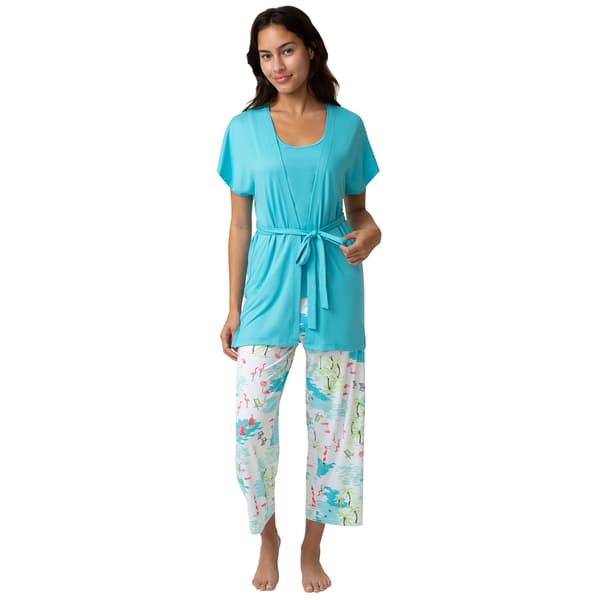 Womens HUE(R) Solid Top Beachfront Era Printed Capri 3 Piece Set - image 