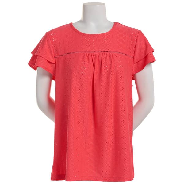 Womens Absolutely Famous Flutter Sleeve Knit Eyelet Blouse