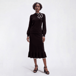 Womens Nina Leonard Color Block Trim Tie Neck Sweater & Skirt Set