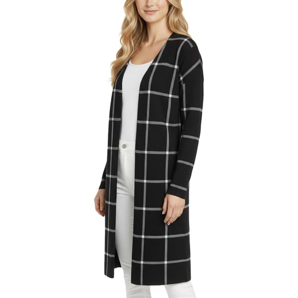 Petite NY Collection Long Sleeve Checkered Long Hacci Cardigan